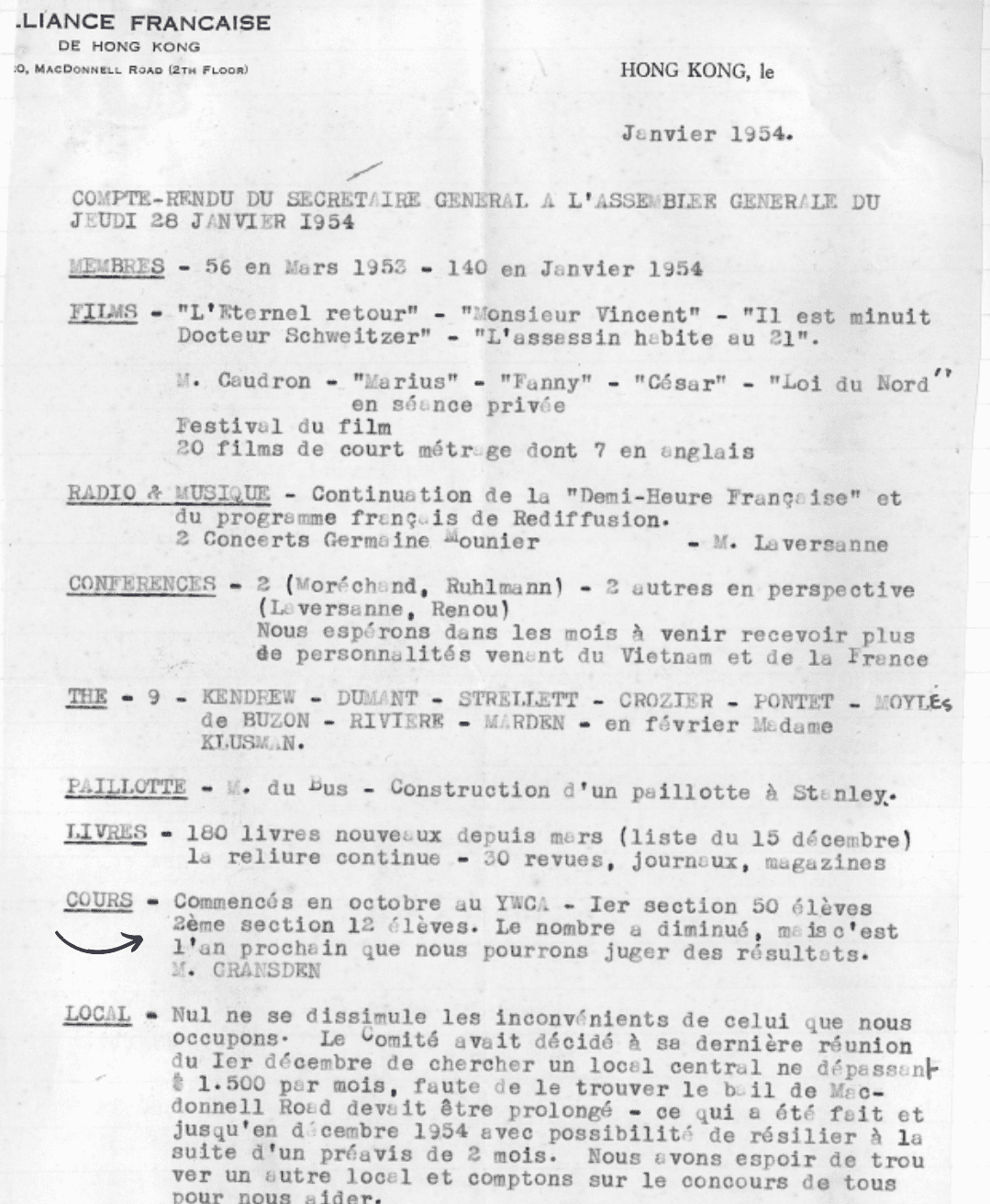 The  Alliance Française started in 1954 with 62 students.